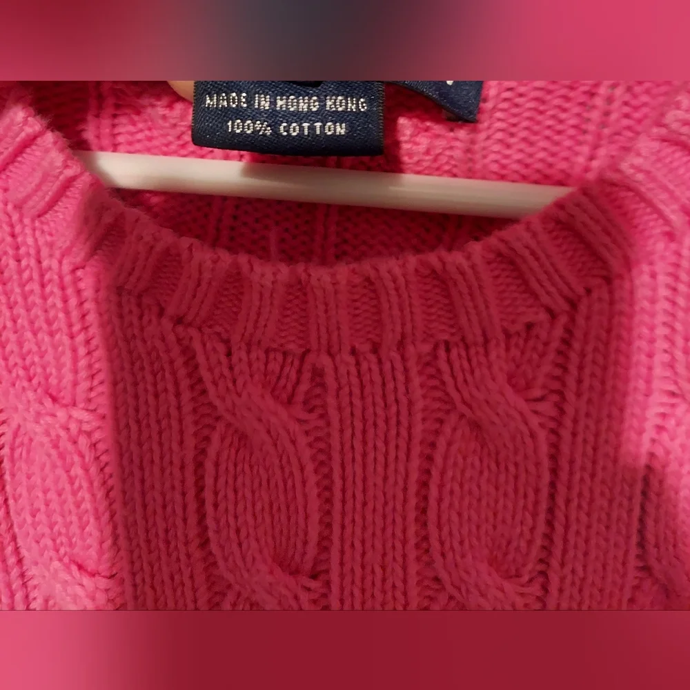 Ralph Lauren Sport  Cable Knit Sweater Crew Neck Pink Youth Girl Sz Small Pony